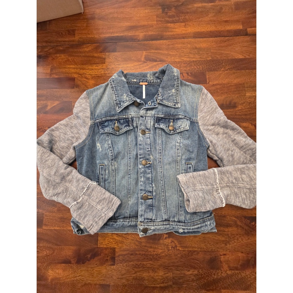 Free People Mixed Media Denim Jacket Knit Sleeves Distressed Small Petite 221